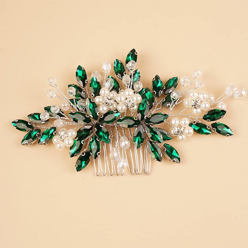 BERYUAN Dark Green Crystal Rhinestone Pearls Hair Comb Floral Bridal Headpiece with Handmade Hairband for Wedding Women and Girls
